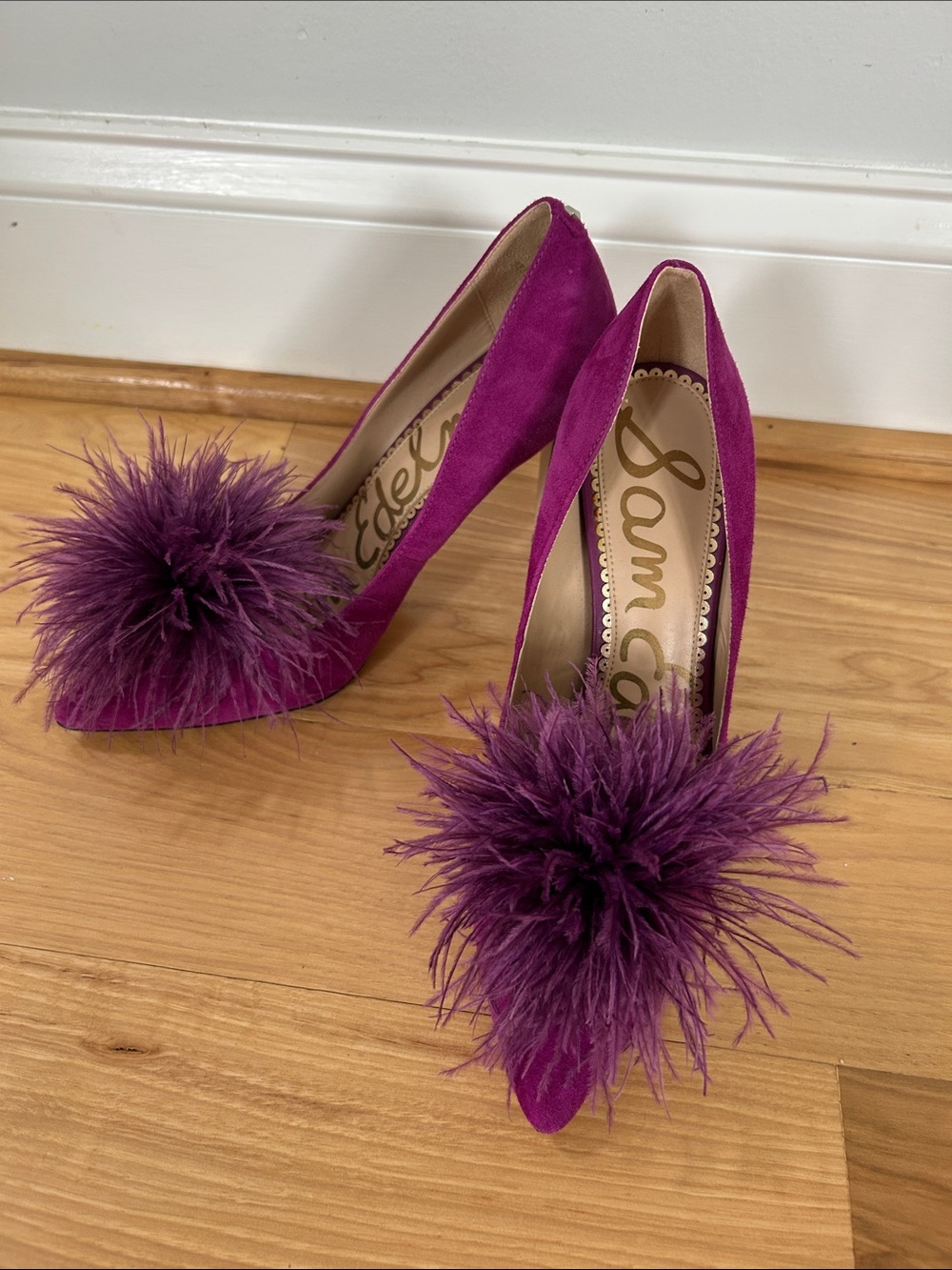 Sam Edelman Fuchsia Suede Pointed-Toe Pumps with Feather Pom-Poms